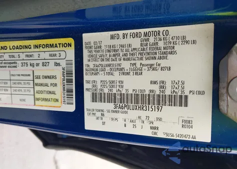 2017 Ford Fusion Hybrid Se z USA, uszkodzony, nr VIN 3FA6P0LUXHR315197